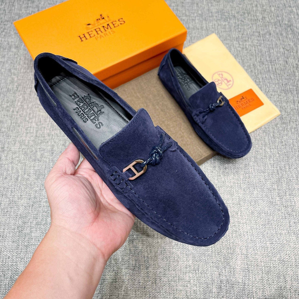 Hermès Suede-Look Driving Loafers — detail