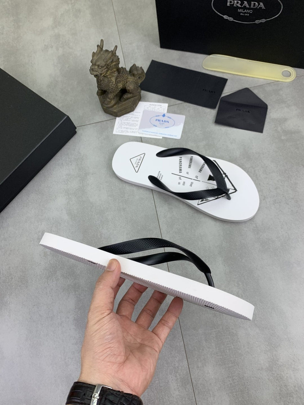 Prada Black Strap White Flip Flops — side