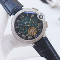 CARTIER Silver Black Green Dial Leather Strap Watch — hero