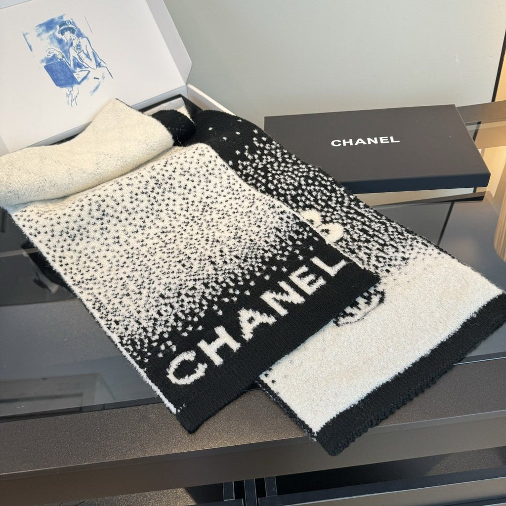 Chanel Black & Cream Logo Knit Scarf — front