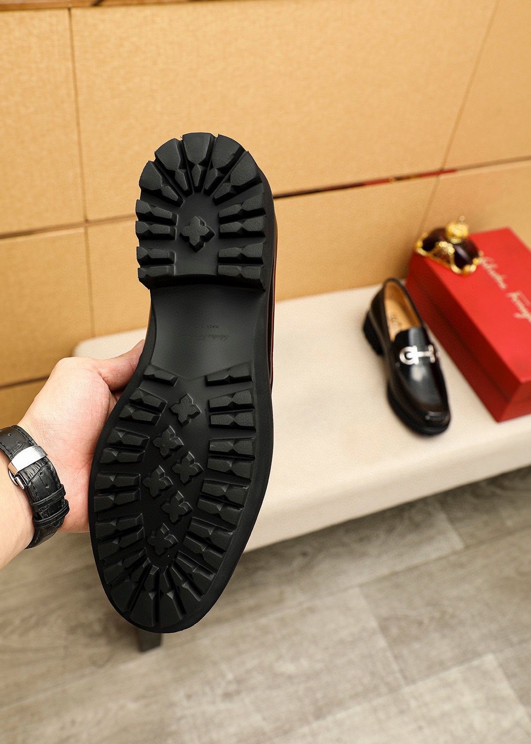 Ferragamo Black Metal-Hardware Loafers — detail
