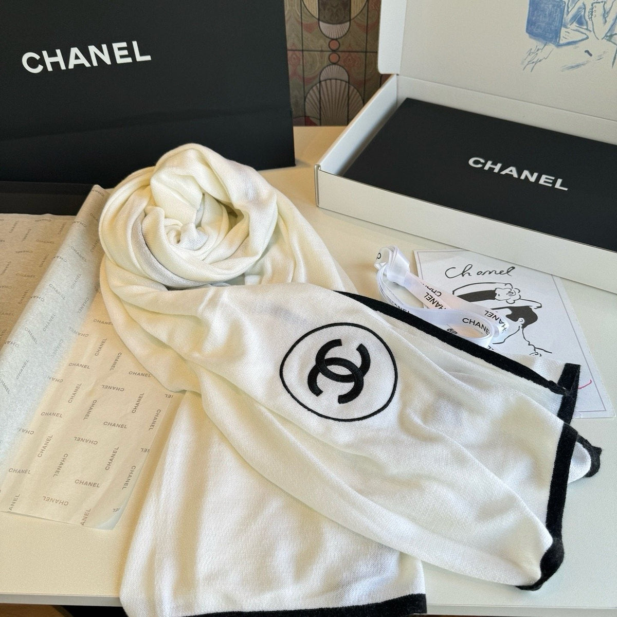 Chanel Contrast-Trim Logo Scarf — front