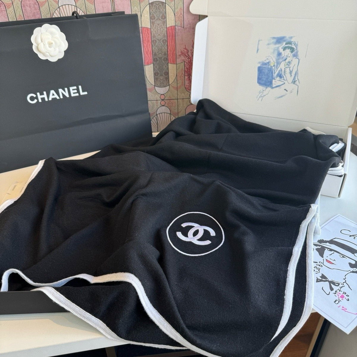 Chanel Contrast-Trim Logo Scarf — front