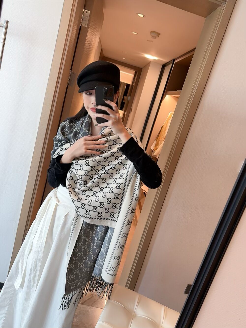 Gucci Two-Tone Fringed Jacquard Scarf — model