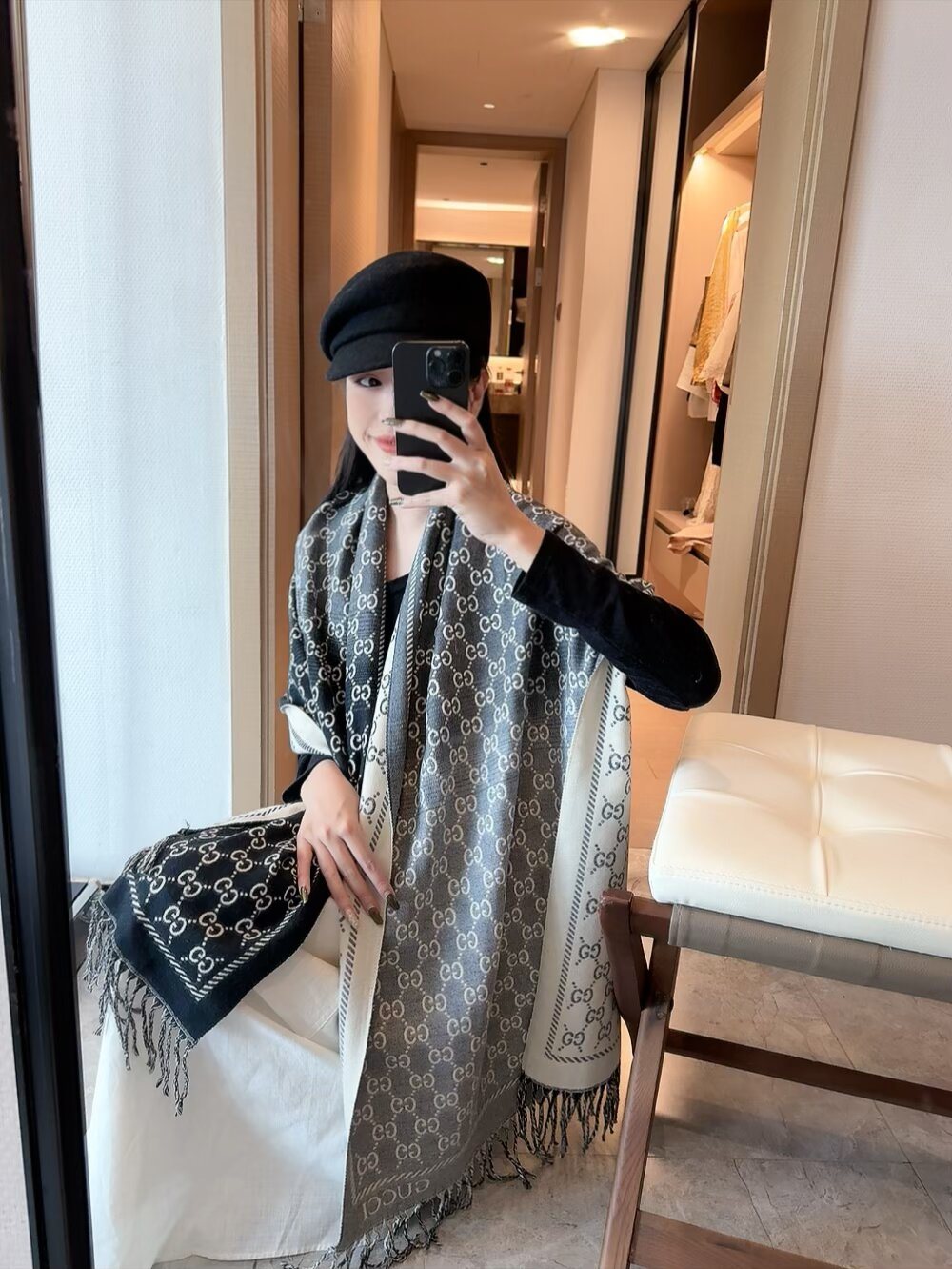 Gucci Two-Tone Fringed Jacquard Scarf — model