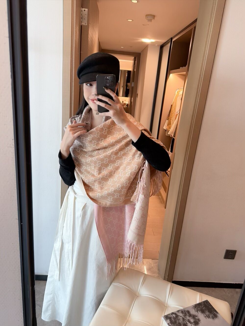Gucci Two-Tone Fringed Jacquard Scarf — model