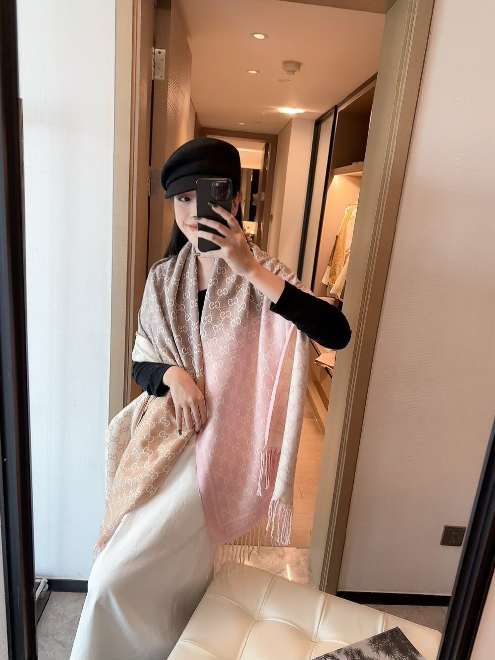 Gucci Two-Tone Fringed Jacquard Scarf — model