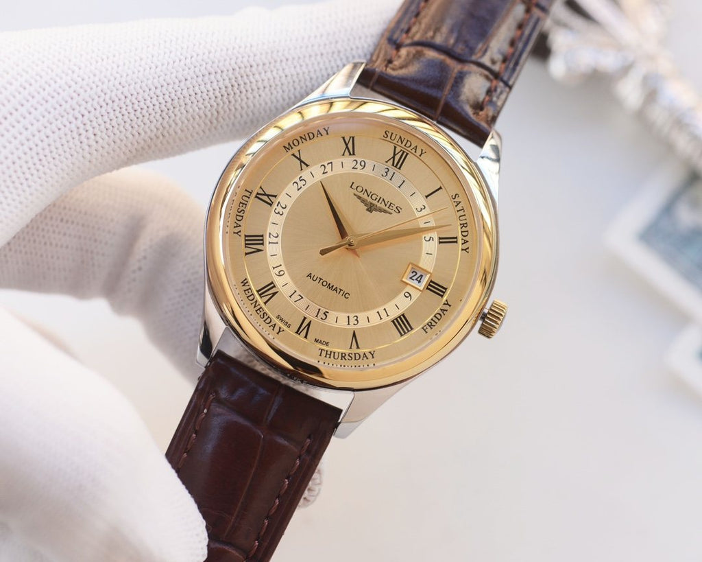 Longines Brown Gold Dial Leather Strap Watch — side