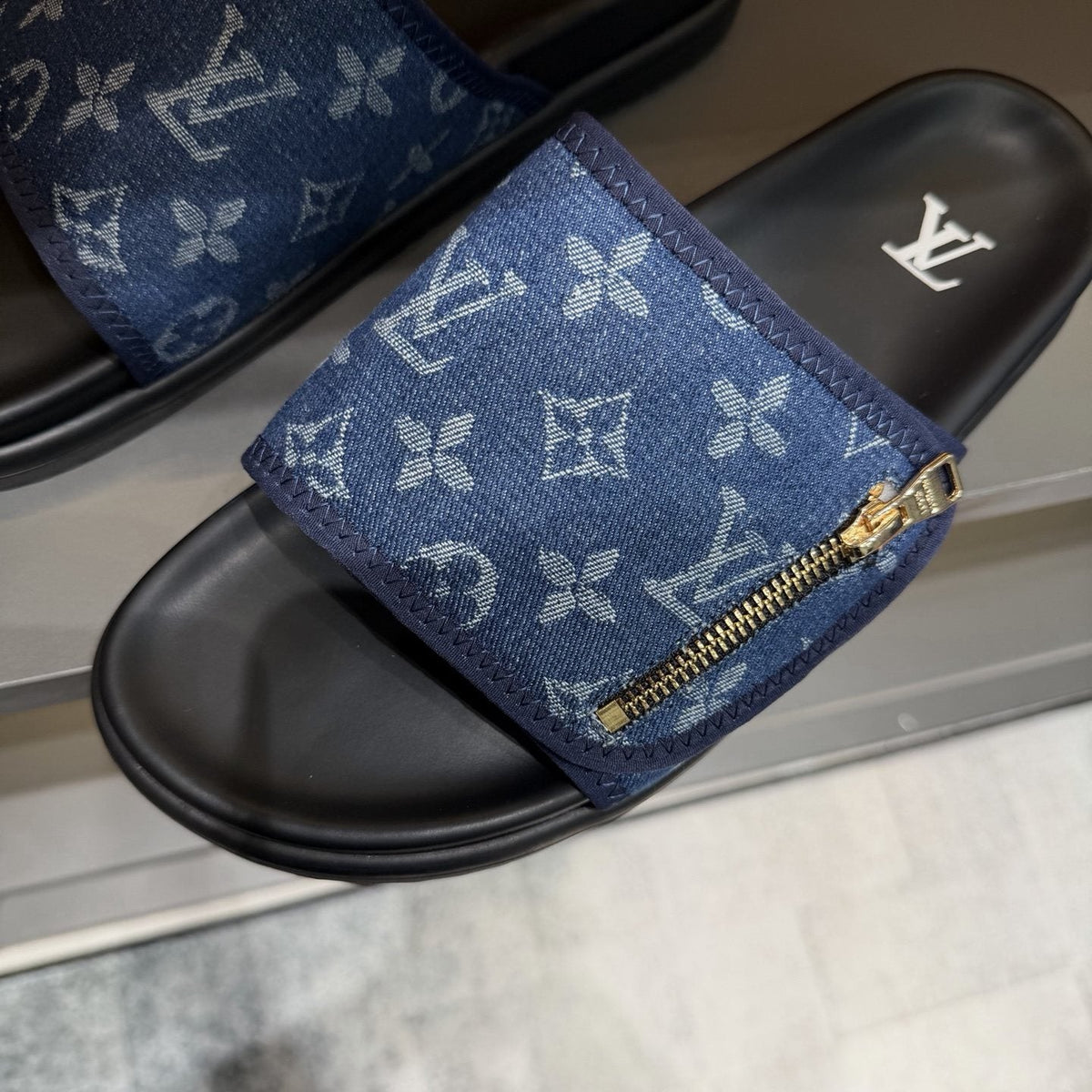 Louis Vuitton Blue Monogram Strap Slide Sandals — front