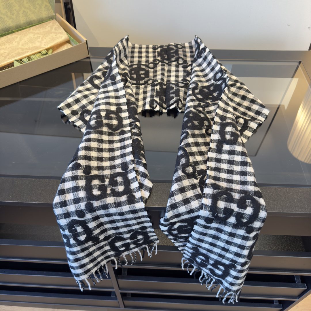 Gucci Black and White Check Fringe Scarf — front