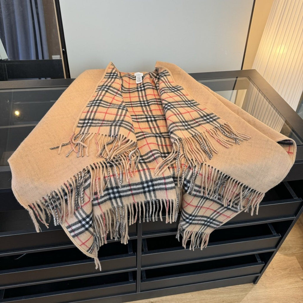 Fringed Plaid-Panel Poncho — side