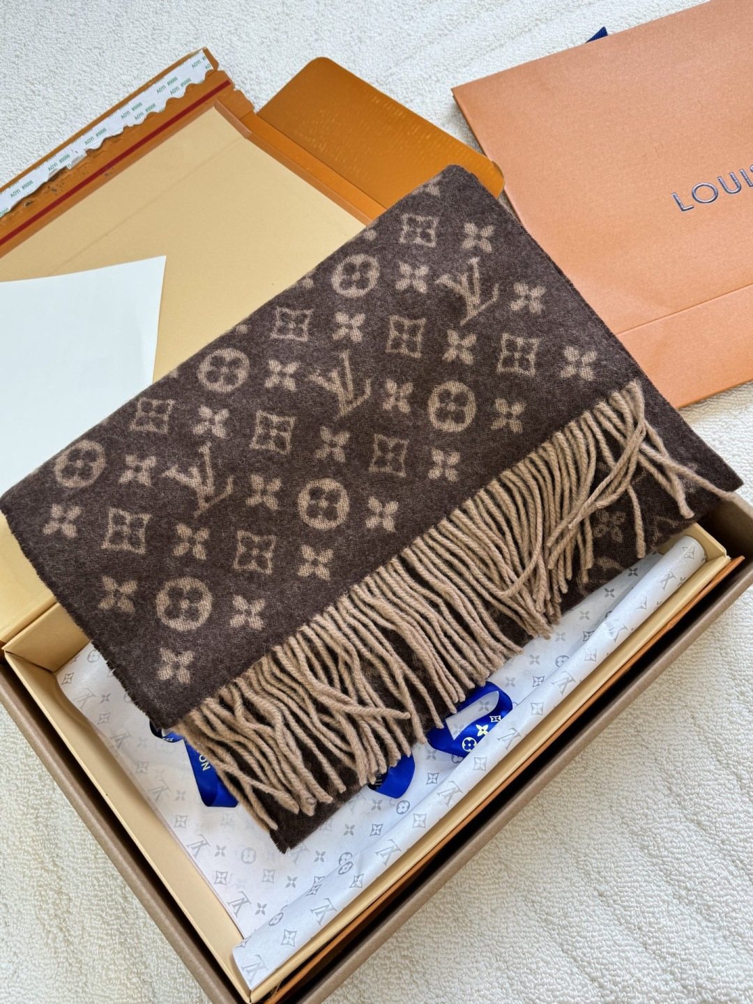 Louis Vuitton Reversible Monogram Fringed Scarf — side