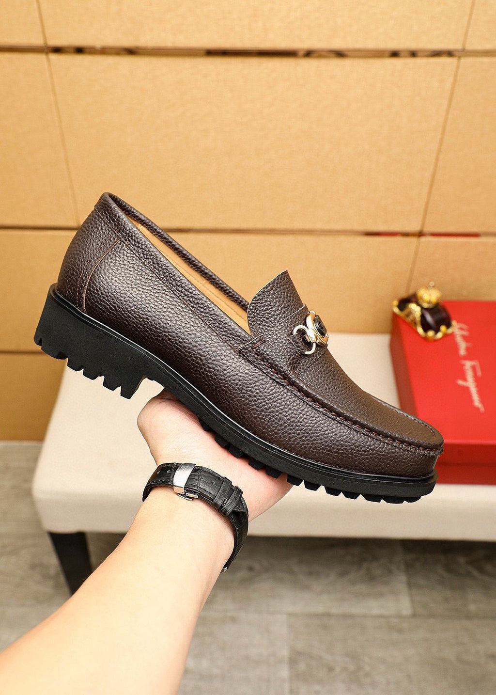 Ferragamo Pebbled Leather Lug Sole Loafers — side