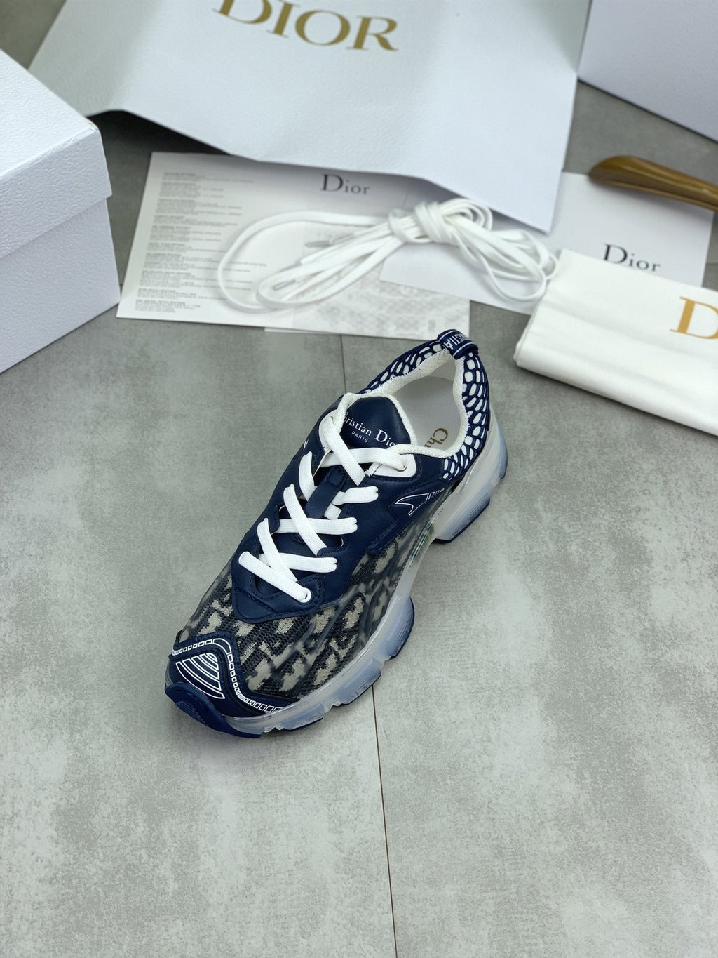 Dior Navy Patterned Low-Top Sneakers — side