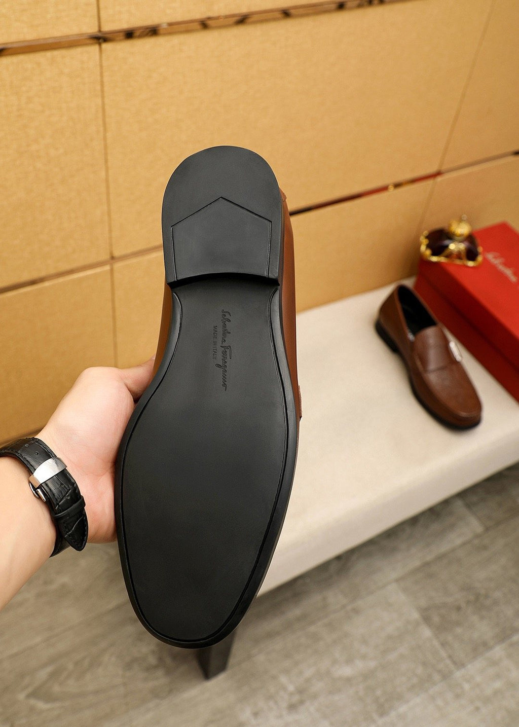 Ferragamo Embossed Buckle Loafers — detail