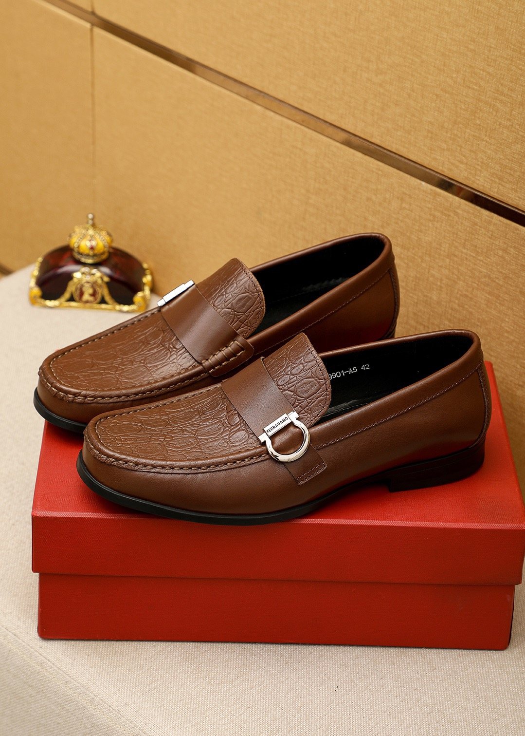Ferragamo Embossed Buckle Loafers — front
