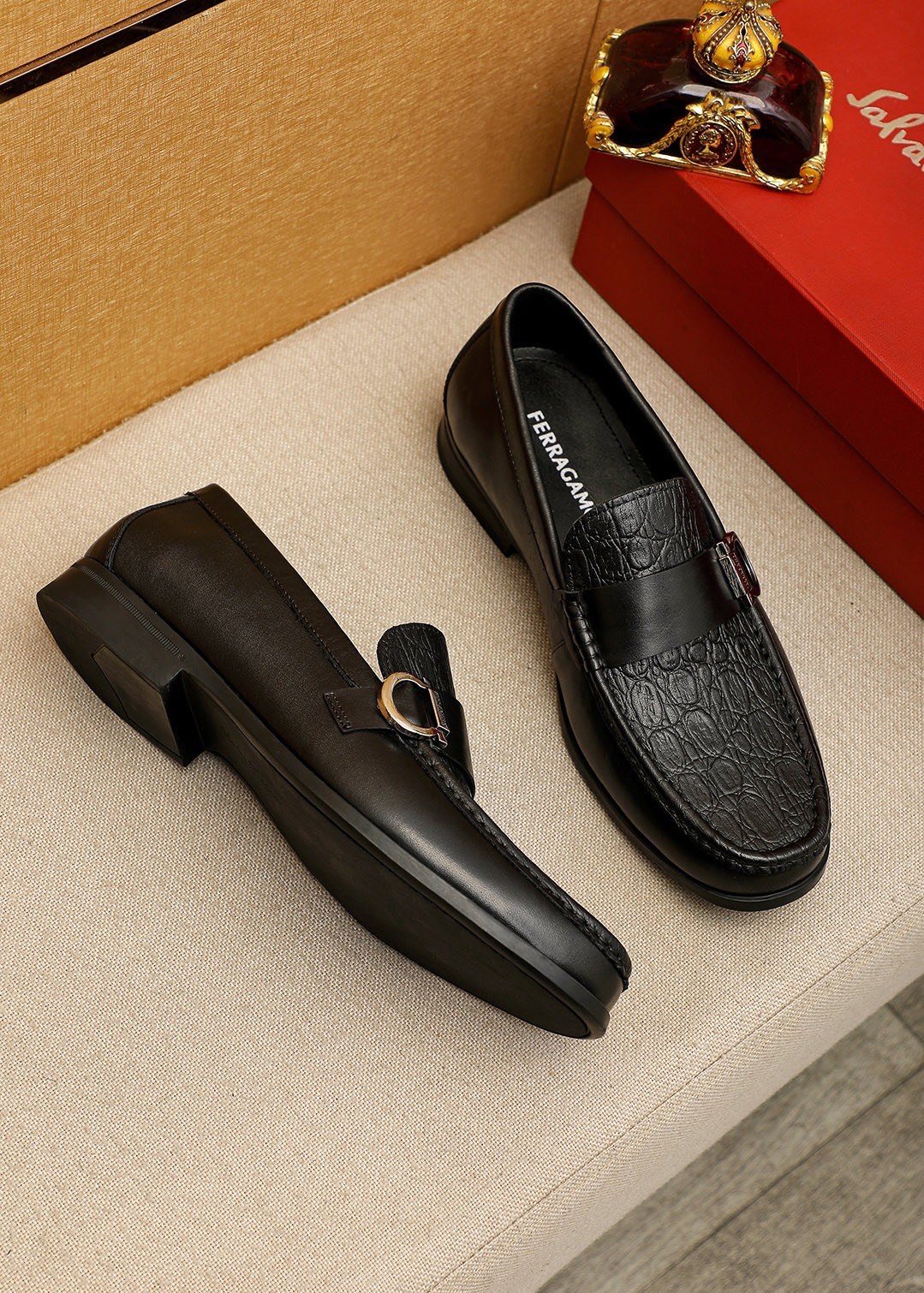 Ferragamo Embossed Buckle Loafers — front