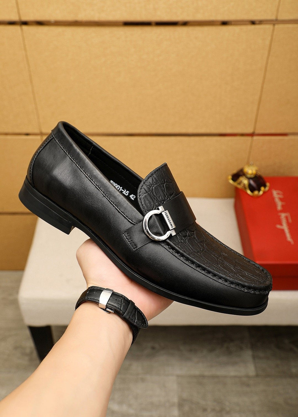 Ferragamo Embossed Buckle Loafers — side