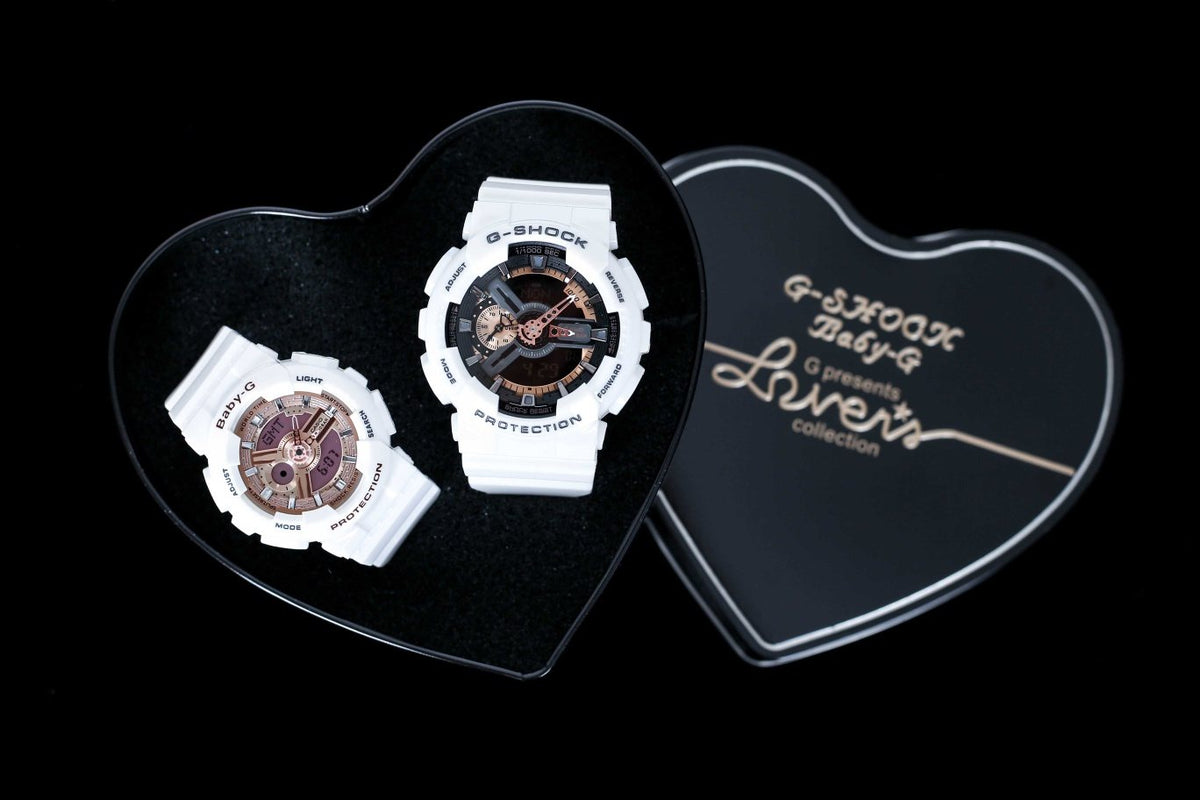 Casio White Rose Gold Black Dial Couple Watch Set — hero