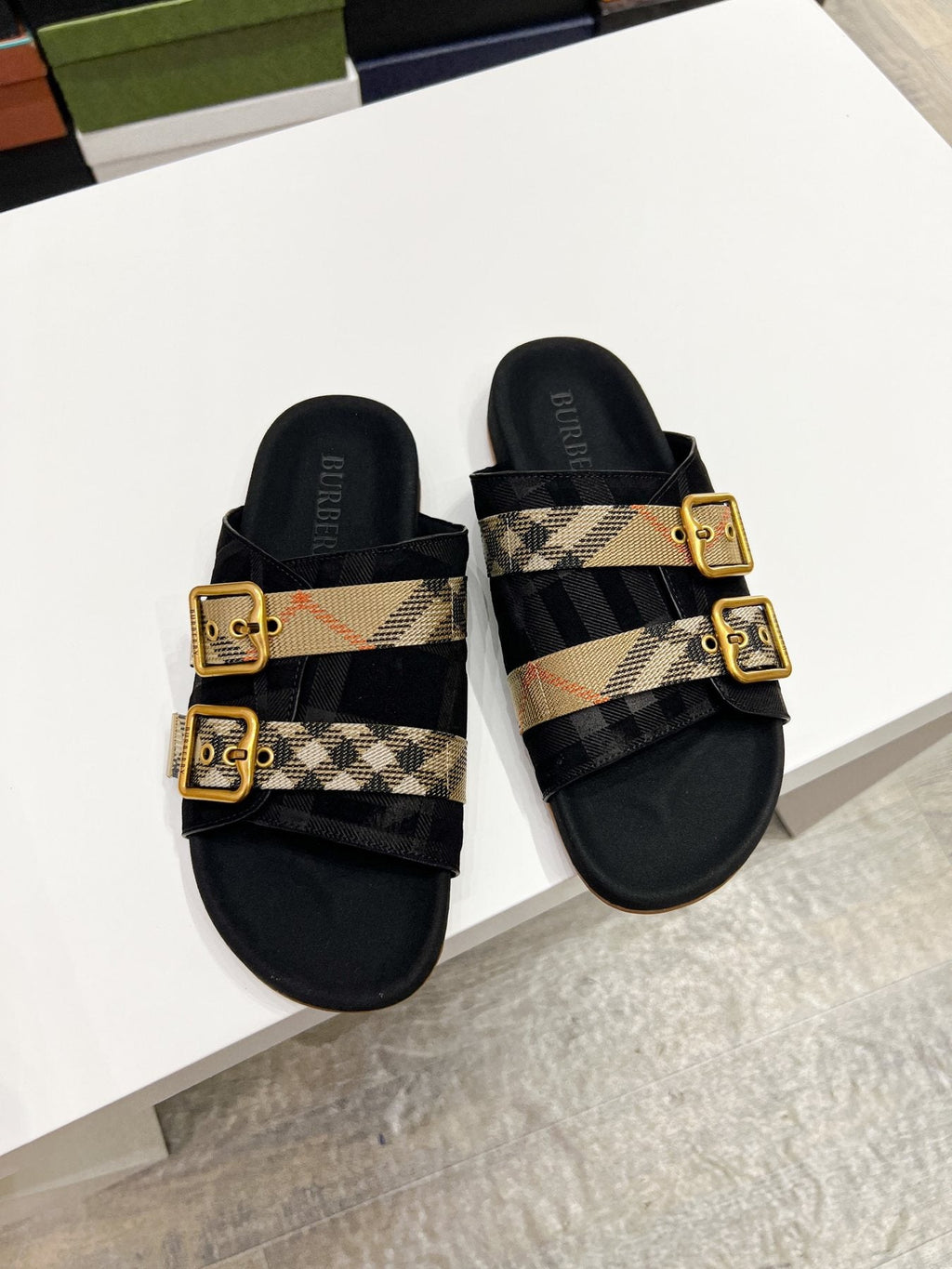 Burberry Check Buckle Slide Sandals — front