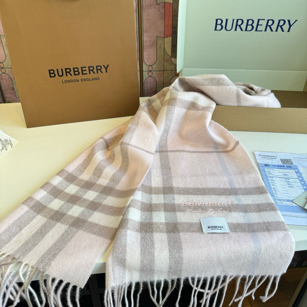 Burberry Blush Pink Plaid Fringed Scarf — side