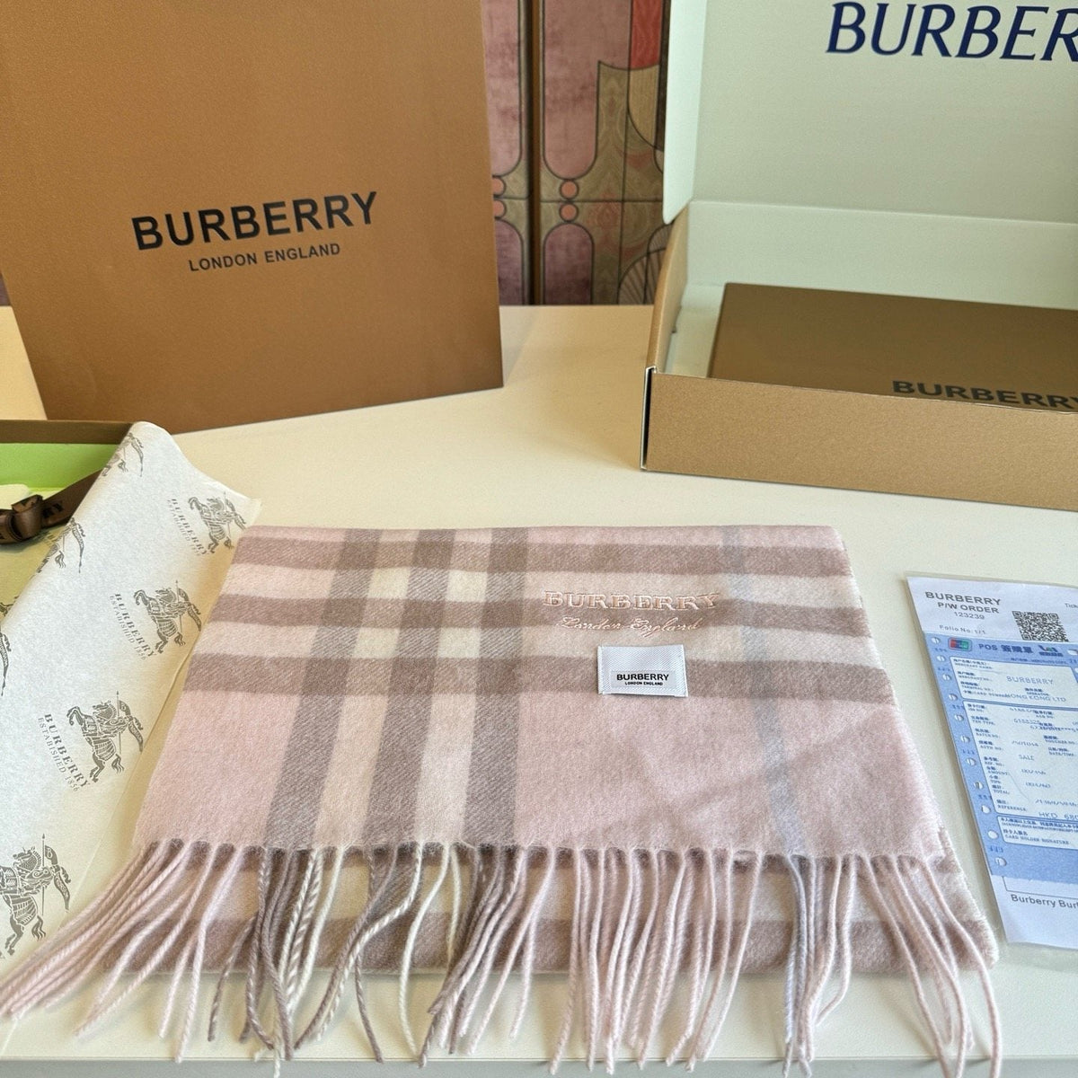 Burberry Blush Pink Plaid Fringed Scarf — front
