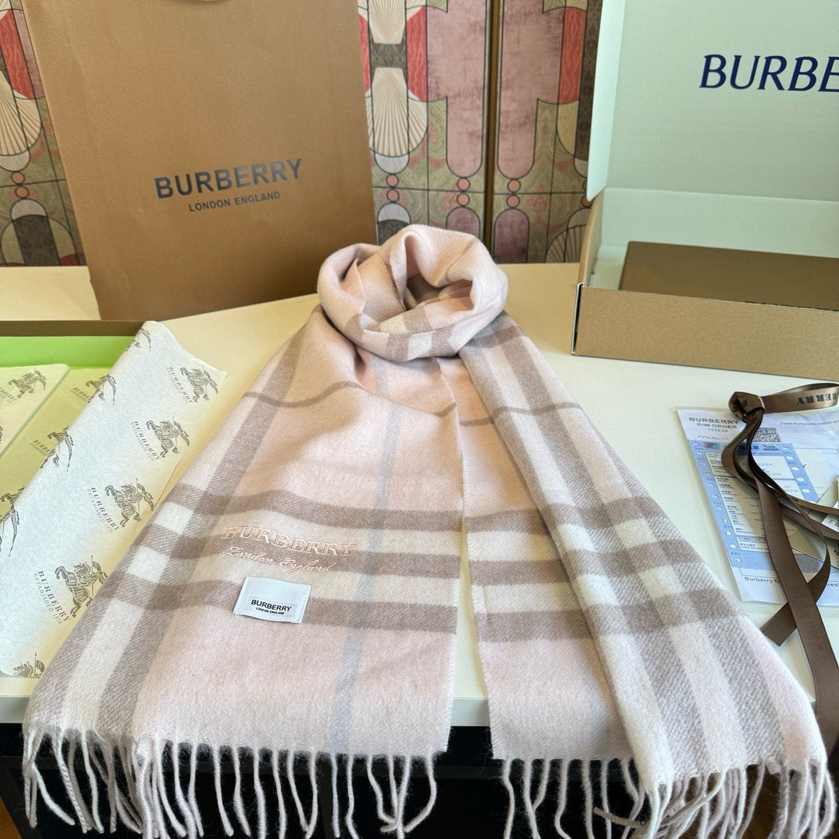 Burberry Blush Pink Plaid Fringed Scarf — side