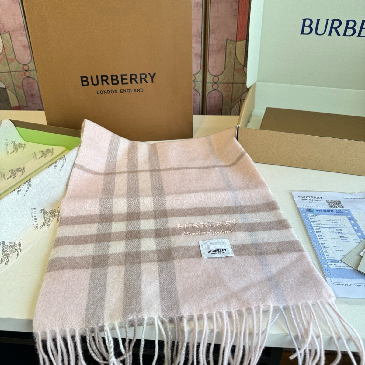 Burberry Blush Pink Plaid Fringed Scarf — side