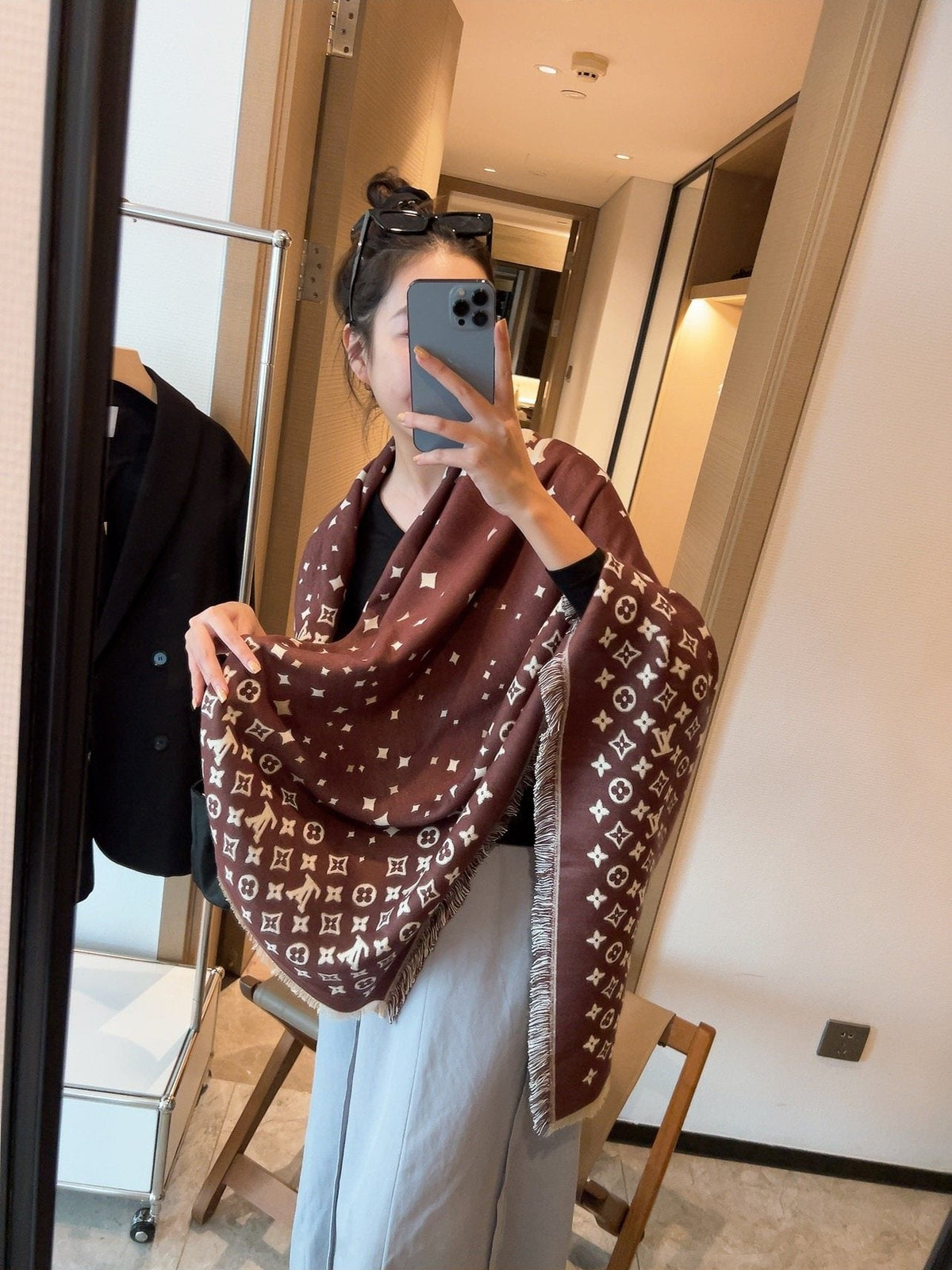 Louis Vuitton Starry Monogram Fringed Wrap — model