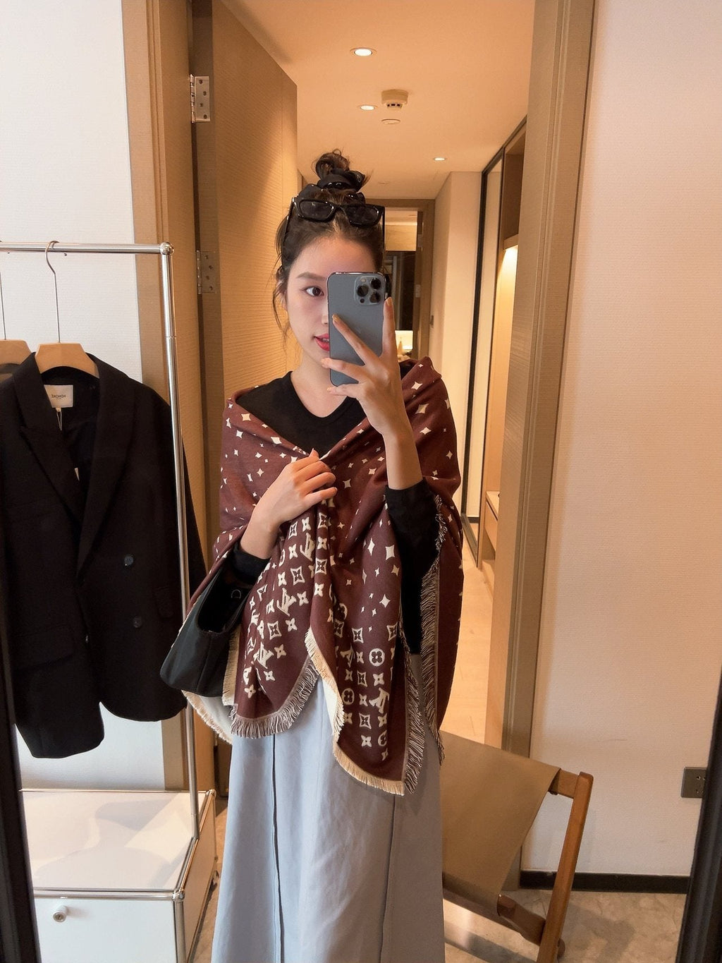 Louis Vuitton Starry Monogram Fringed Wrap — model