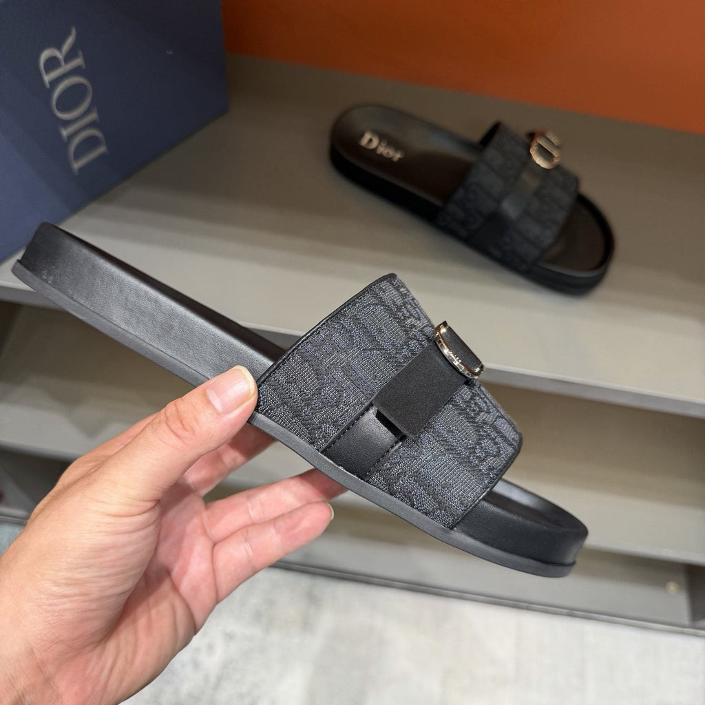 Dior Blue-Gray Pattern Slide Sandals — side