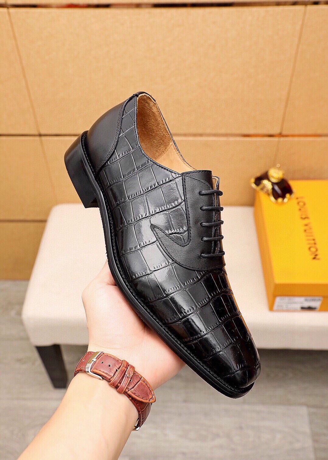 Louis Vuitton Crocodile-Embossed Lace-Up Dress Shoes — back