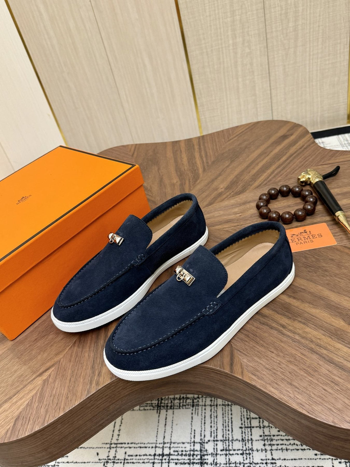 Hermès Navy Slip-On Sneakers — front