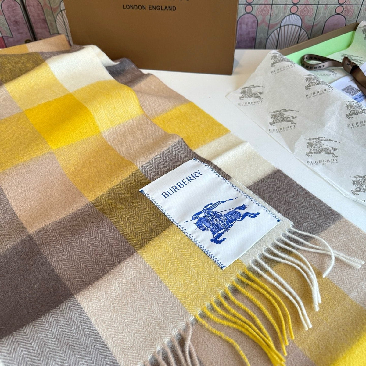 Burberry Yellow Brown Plaid Scarf — front