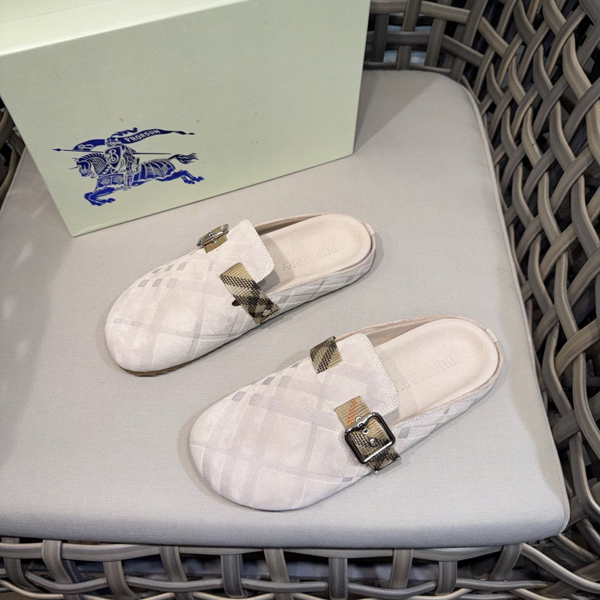 Burberry Patterned Buckle Mule Shoes — front