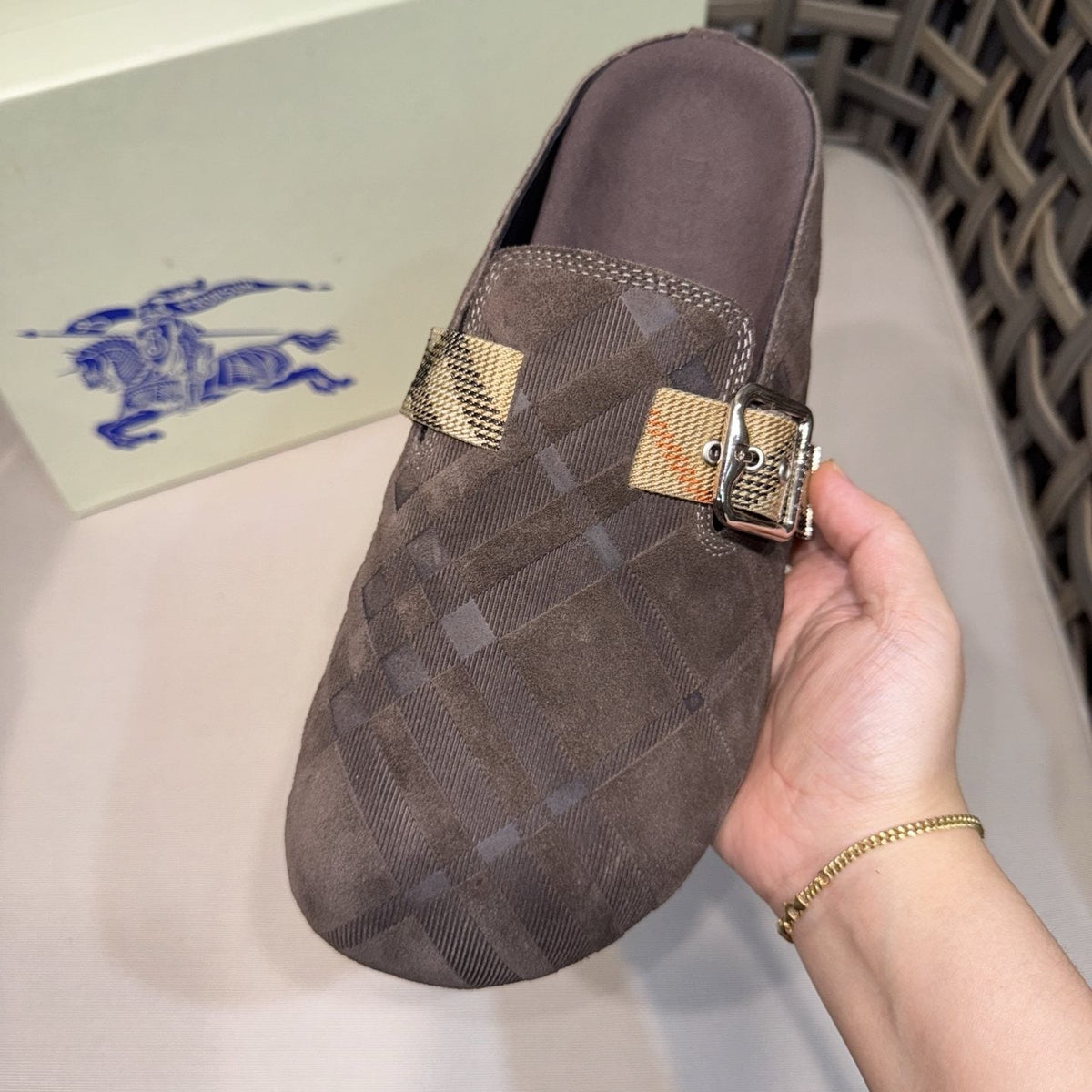Burberry Patterned Buckle Mule Shoes — model
