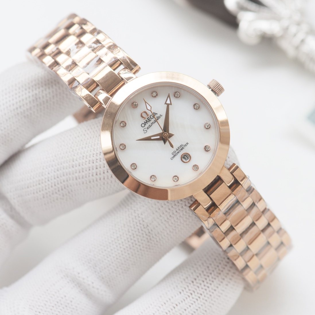 OMEGA Rose Gold Silver White Dial Bracelet Watch — hero