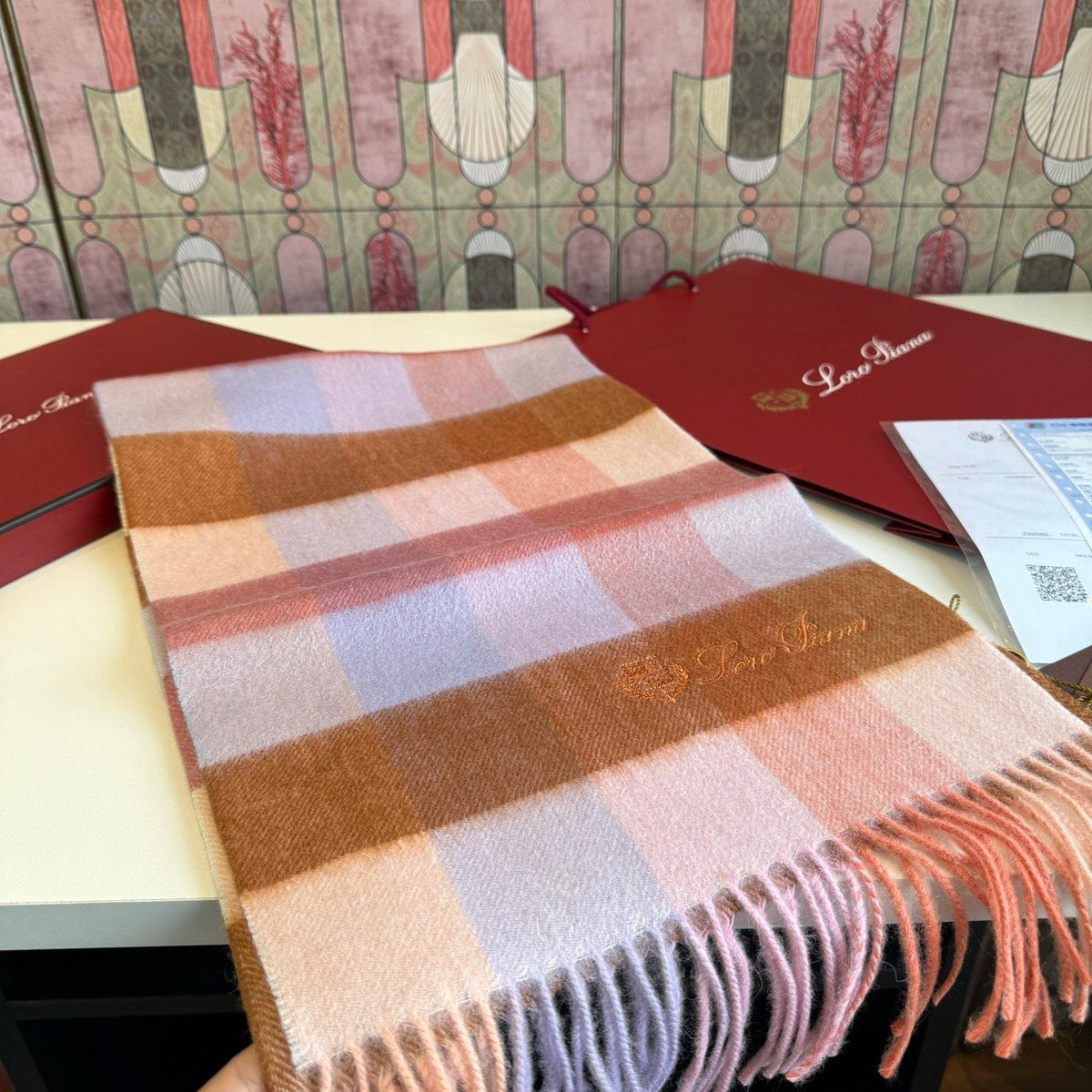 Loro Piana Pink Tan Lavender Plaid Scarf — hero