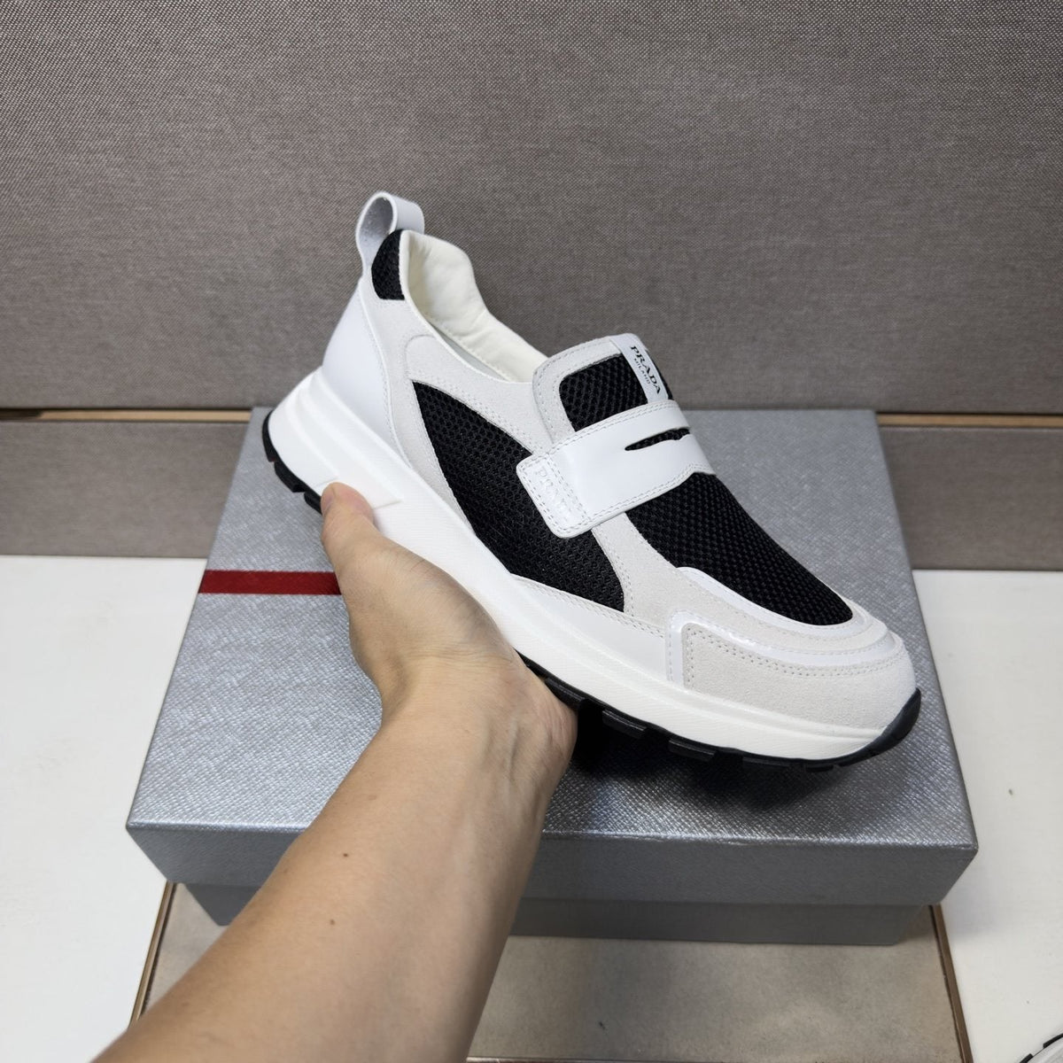 Prada Dark Navy Mesh Slip-On Sneakers — model