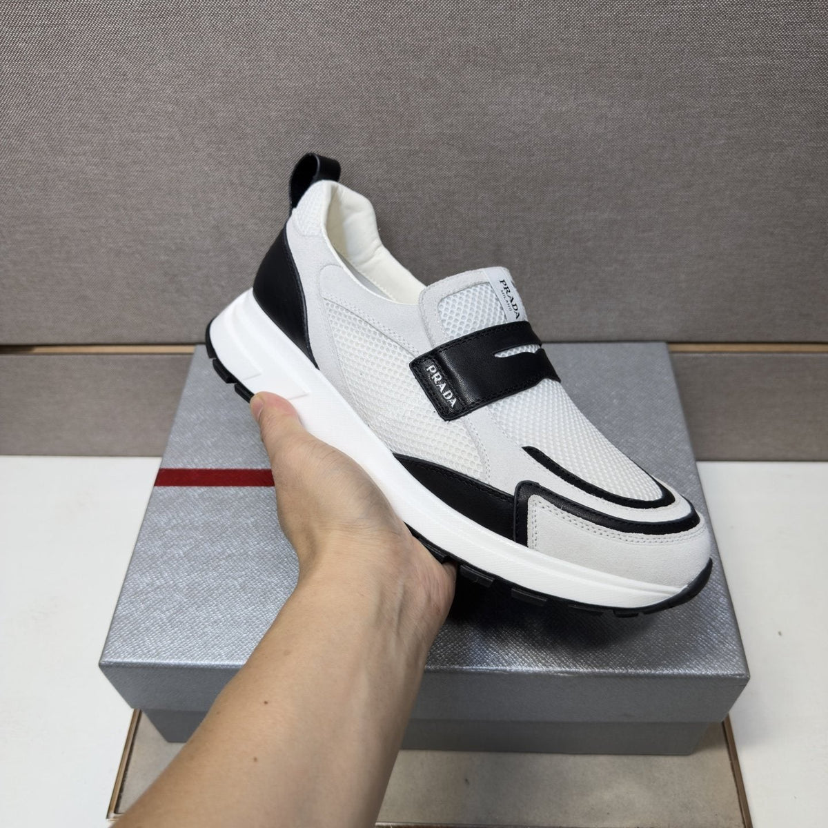 Prada Dark Navy Mesh Slip-On Sneakers — model