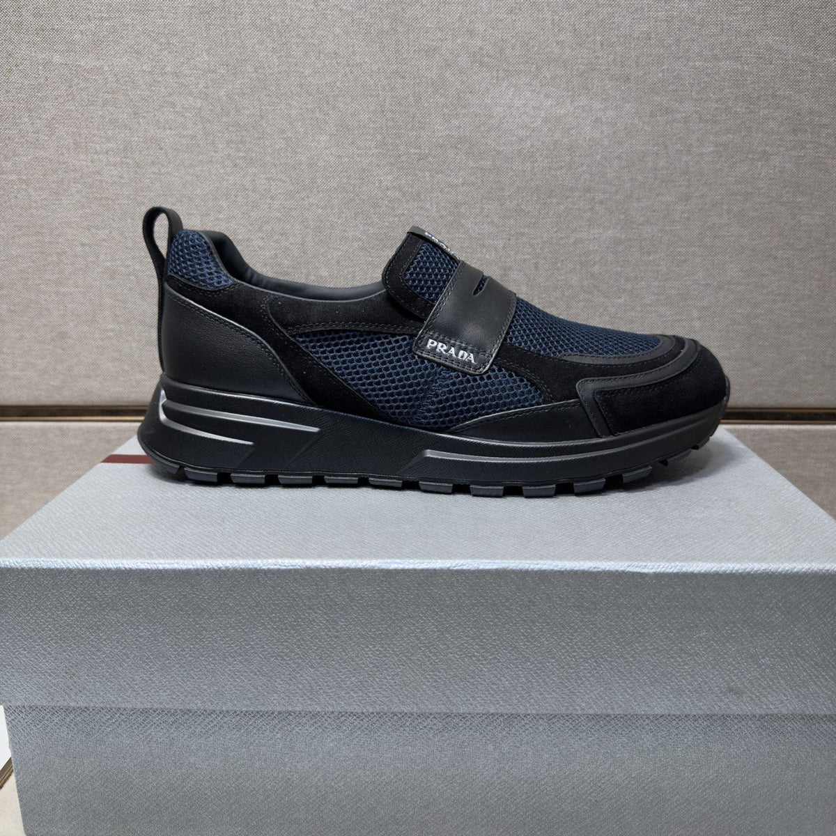 Prada Dark Navy Mesh Slip-On Sneakers — front