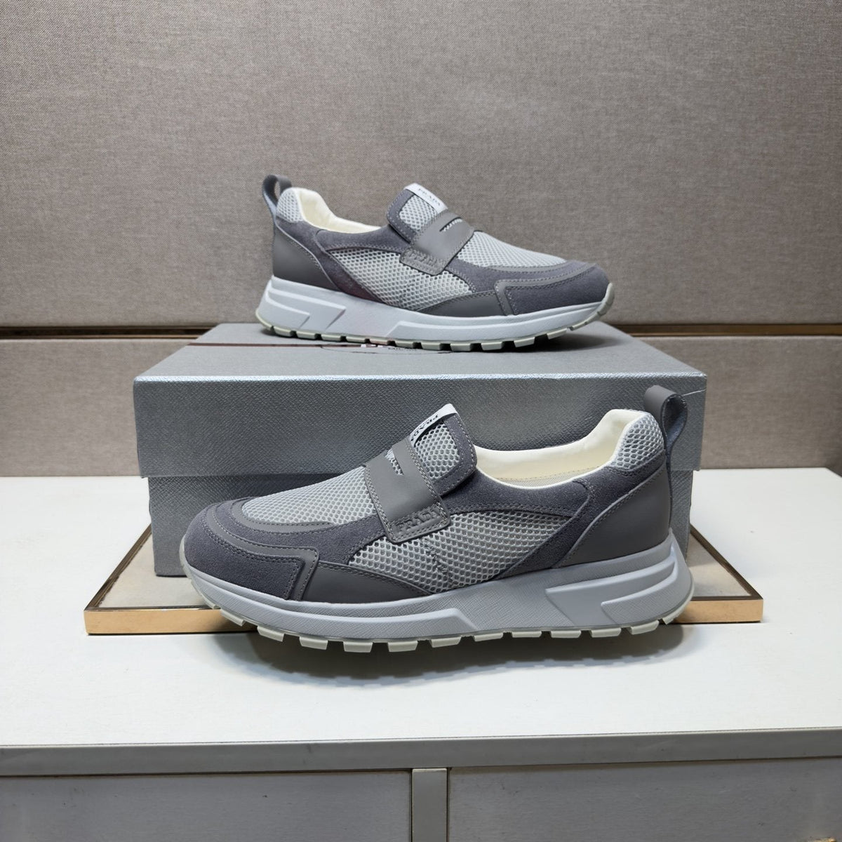 Prada Dark Navy Mesh Slip-On Sneakers — model