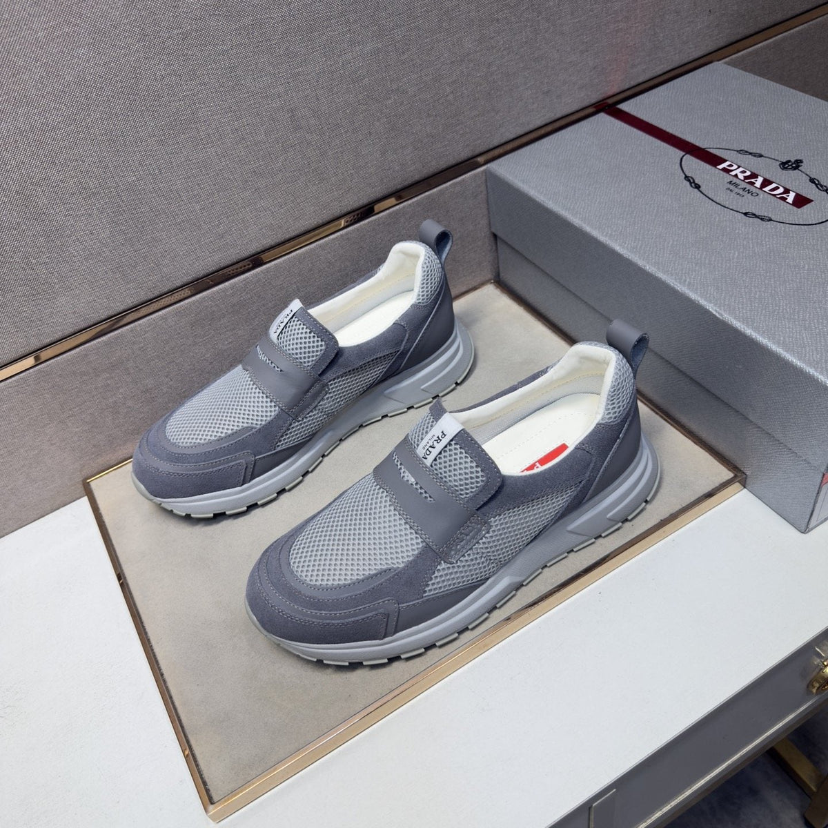 Prada Dark Navy Mesh Slip-On Sneakers — side