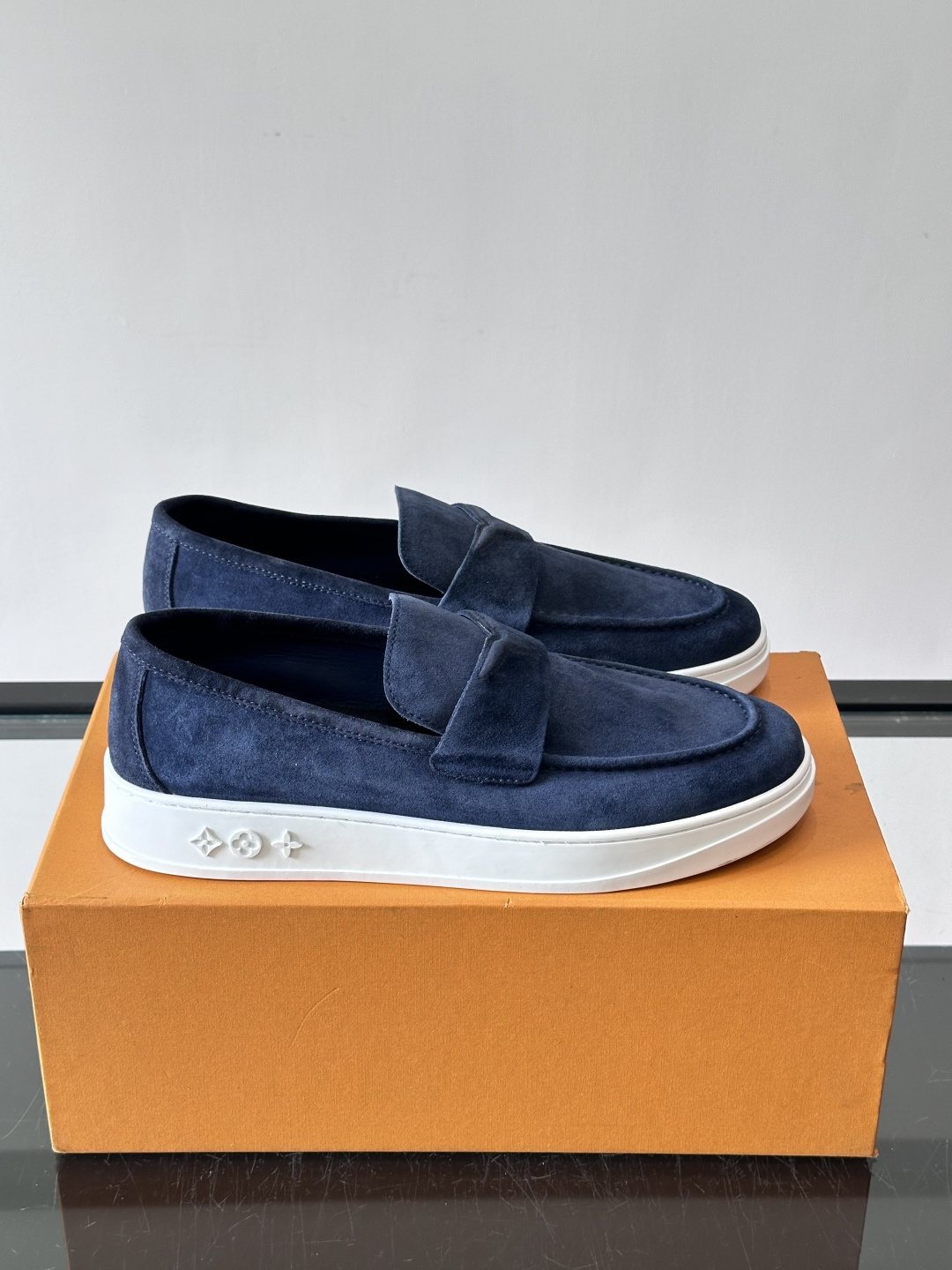 Louis Vuitton Navy Blue Suede Loafers — side
