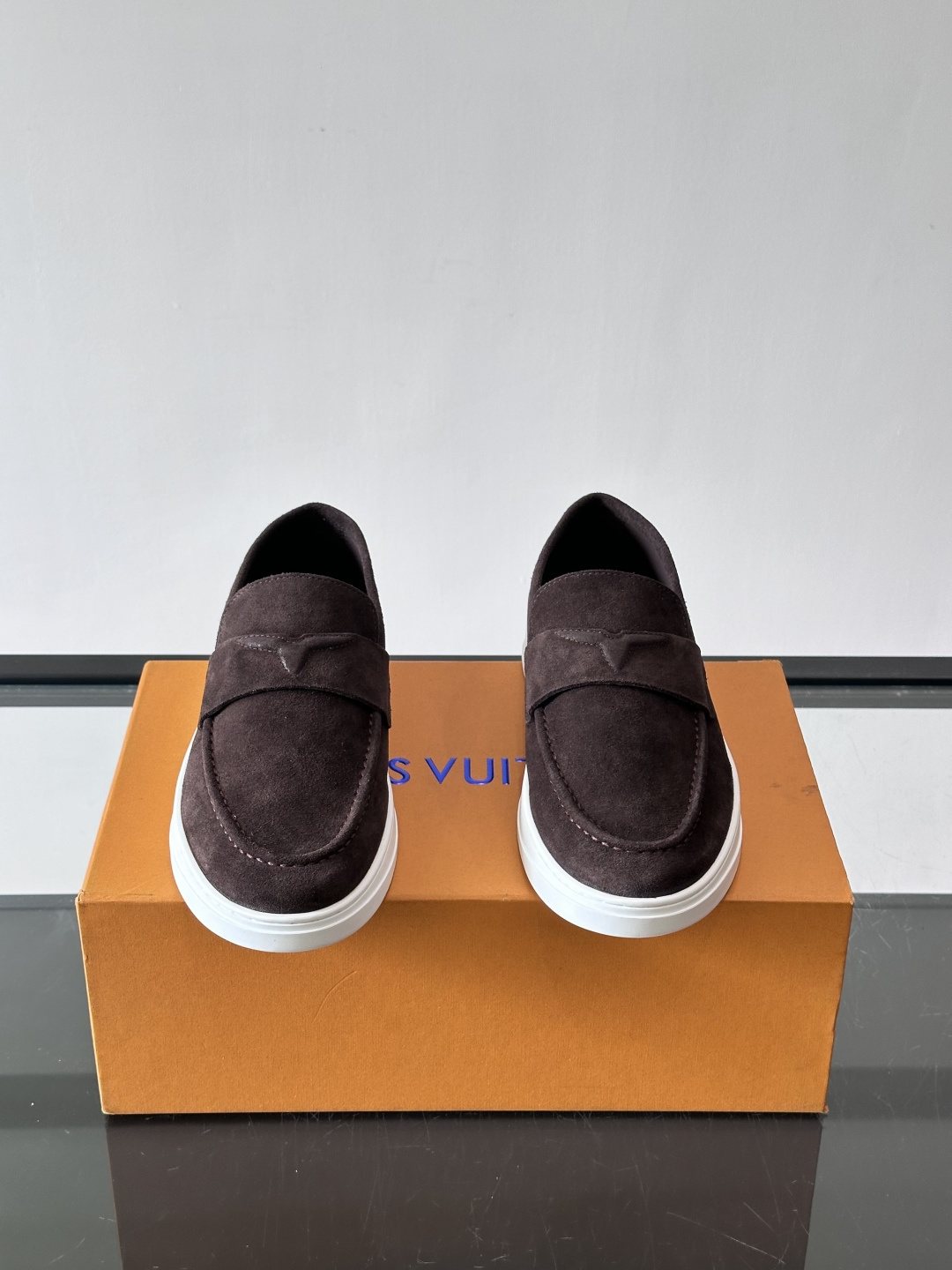 Louis Vuitton Navy Blue Suede Loafers — side
