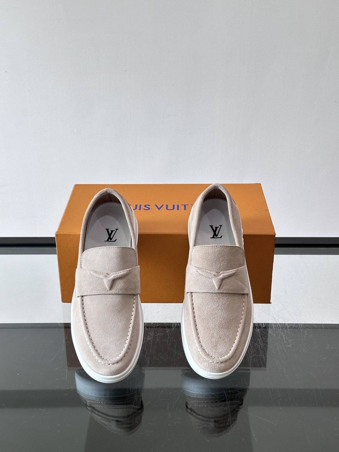 Louis Vuitton Navy Blue Suede Loafers — front