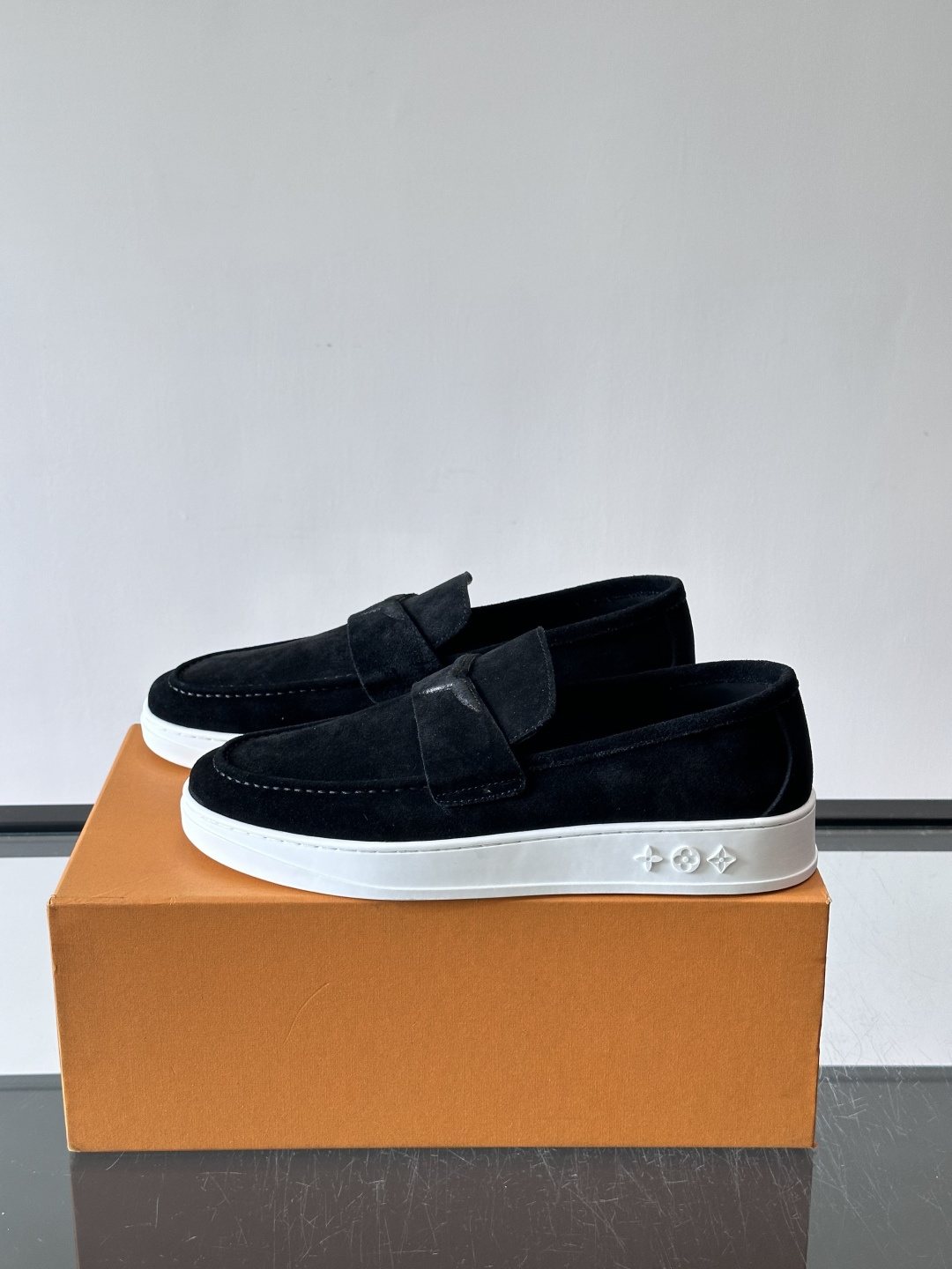 Louis Vuitton Navy Blue Suede Loafers — side