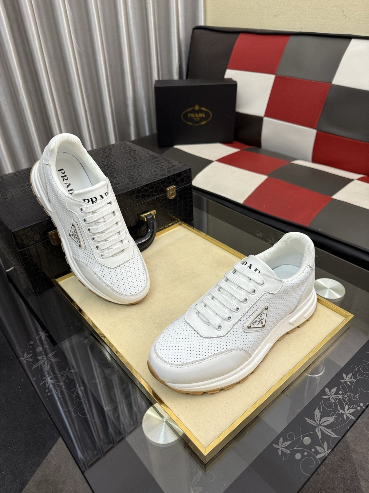 Prada Triangle Plaque Lace-Up Sneakers — front