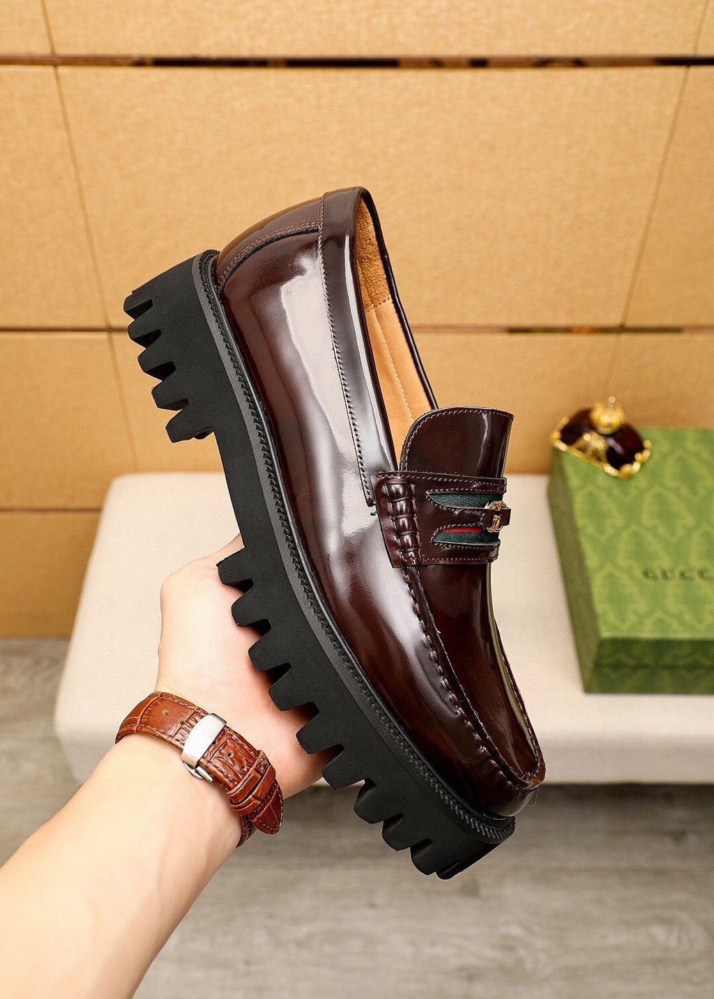 Gucci Striped Vamp Lug Sole Loafers — model