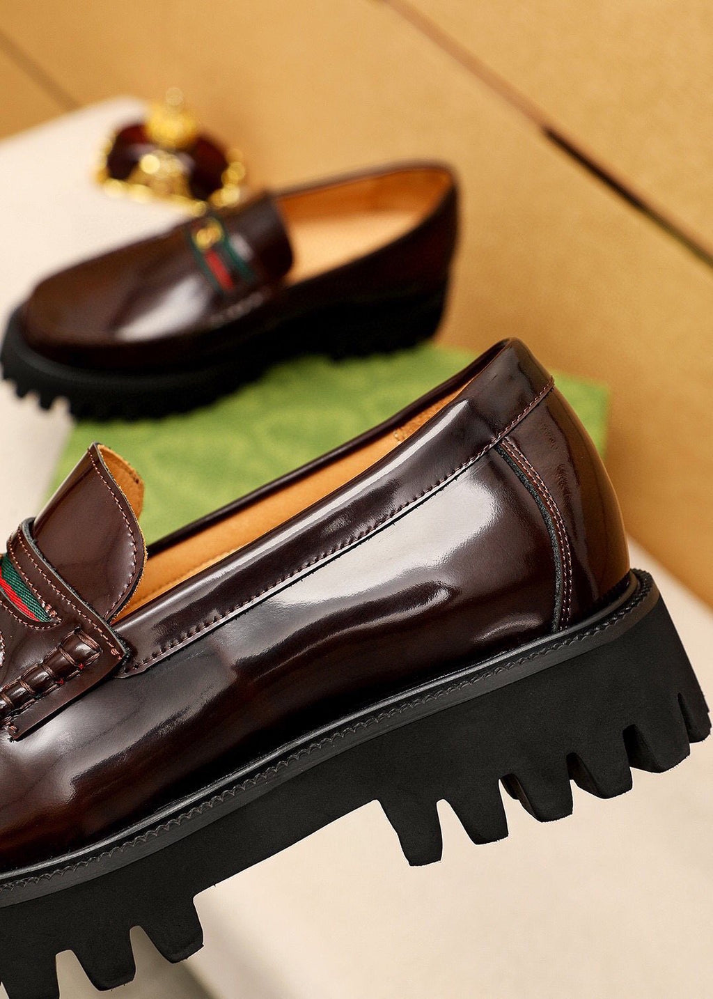 Gucci Striped Vamp Lug Sole Loafers — detail